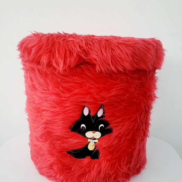 Pouf coffre de rangement moumoute rouge dessin chat vintage 60-70