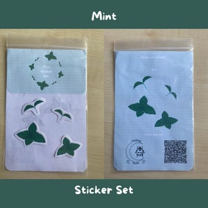 Könnte beinhalten: Minz-Aufkleber-Set mit grünen Blattmotiven. Die Aufkleber sind in transparenten Plastikhüllen verpackt. Der Text "Mint" und "Sticker Set" ist auf der Verpackung abgebildet. Die Aufkleber sind in verschiedenen Formen und Größen.