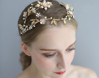 Beautiful Golden and Rose Gold Headband with flowers and Leaves Baroque Vine Head band in Gold and Rosegold with pearls, opal color crystals