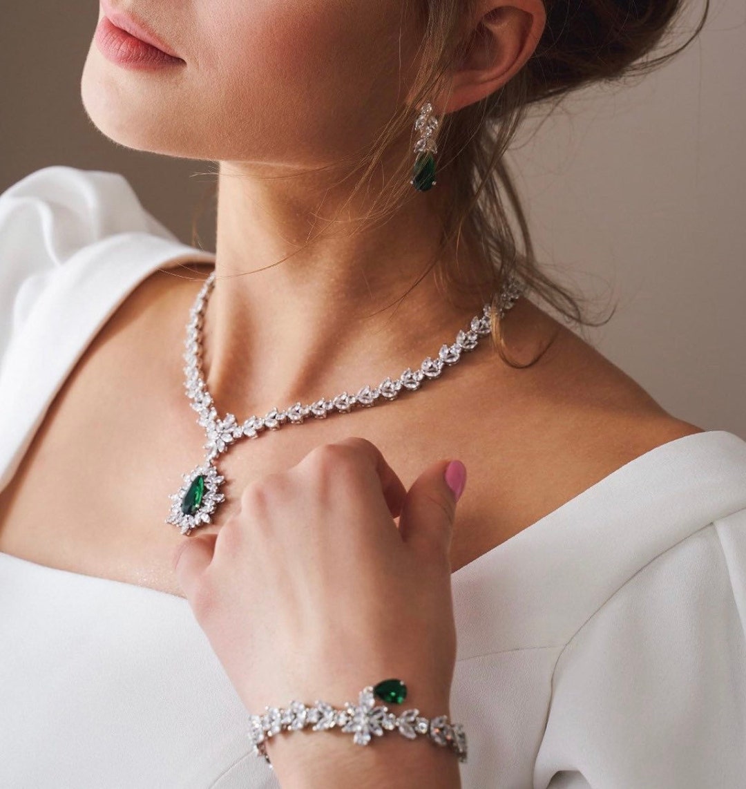 Simulated Diamonds and Lab Emerald Jewelry Set With Drop Necklace