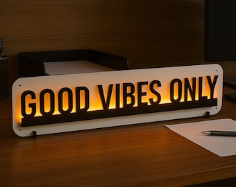 LED Good Vibes Sign - Good Vibes Only - Modern Desk or Wall Decor - Wood Light Up Quote - Unique Positive Energy Gift