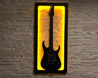 GUITAR LED DECOR Wall Art – Wooden Rock and Roll Decor with Orange Backlight | Guitar Lamp for Music Lovers, Gifts for Men