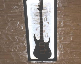 Electric Guitar LED Wall Art – Wooden Rock and Roll Decor with cool white Backlight | Guitar Lamp for Music Lovers, Gifts for Men