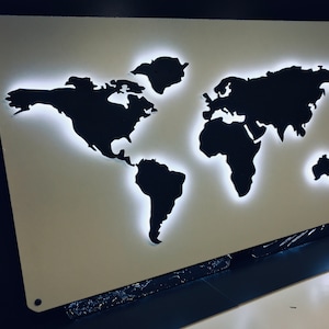 Weltkarte weiße LED - Wanddekoration / Holzweltkarte, Holzkarten, Homeoffice-Wanddekoration, Urlaubsdeko, LED-Karte, LED-Lichtkarte