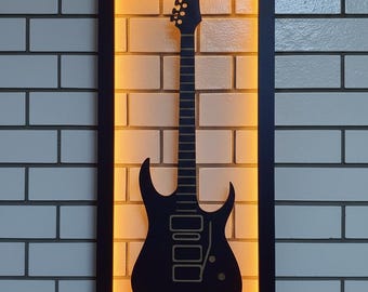 GUITAR LED DECOR Wall Art – Wooden Rock and Roll Decor with Orange Backlight | Guitar Lamp for Music Lovers, Gifts for Men