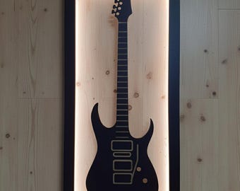 Electric Guitar LED Wall Art – Wooden Rock and Roll Decor with cool white Backlight | Guitar Lamp for Music Lovers, Gifts for Men