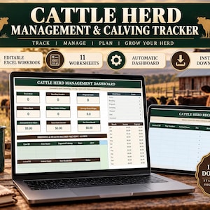 May include: A digital cattle herd management and calving tracker displayed on a laptop and tablet screen. The interface includes an editable Excel workbook with 11 worksheets, an automatic dashboard, and a herd register for tracking animal data.