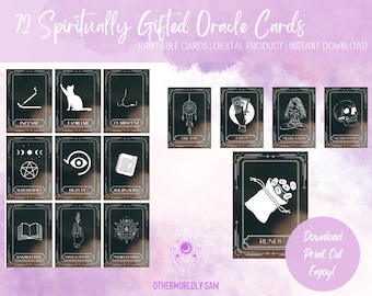 May include: A set of 72 oracle cards with a dark background and white illustrations. Each card features a different symbol or word, such as "Incense," "Familiar," and "Dreams." The text "72 Spiritually Gifted Oracle Cards" is at the top.