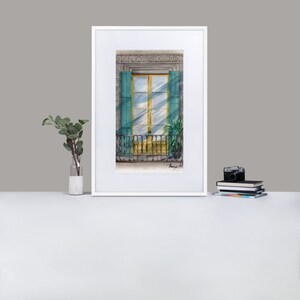 Watercolor canvas windows of the Plaza Real Barcelona, handmade watercolor wall decoration painting of architecture from Spain.