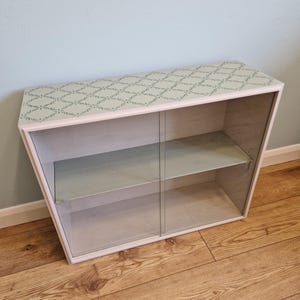 Vintage Glazed Bookcase with Sliding Glass Doors, Green Stencilled Display Cabinet, Compact Upcycled Bookshelves