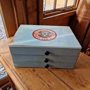 Dewhurst's Sylko Cotton Reel Box, Circa 1940s British Haberdashery Storage Cabinet 3 Drawers Bakelite Handles