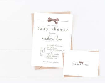 Baby Shower Invitation Template + Thank You, Bow, Minimalist, Modern Baby Shower, Instant Download, Printable