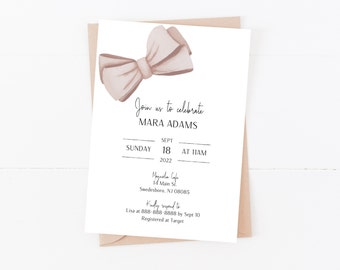 Baby Shower Invitation Template, Bow, Minimalist, Modern Baby Shower, Instant Download, Printable