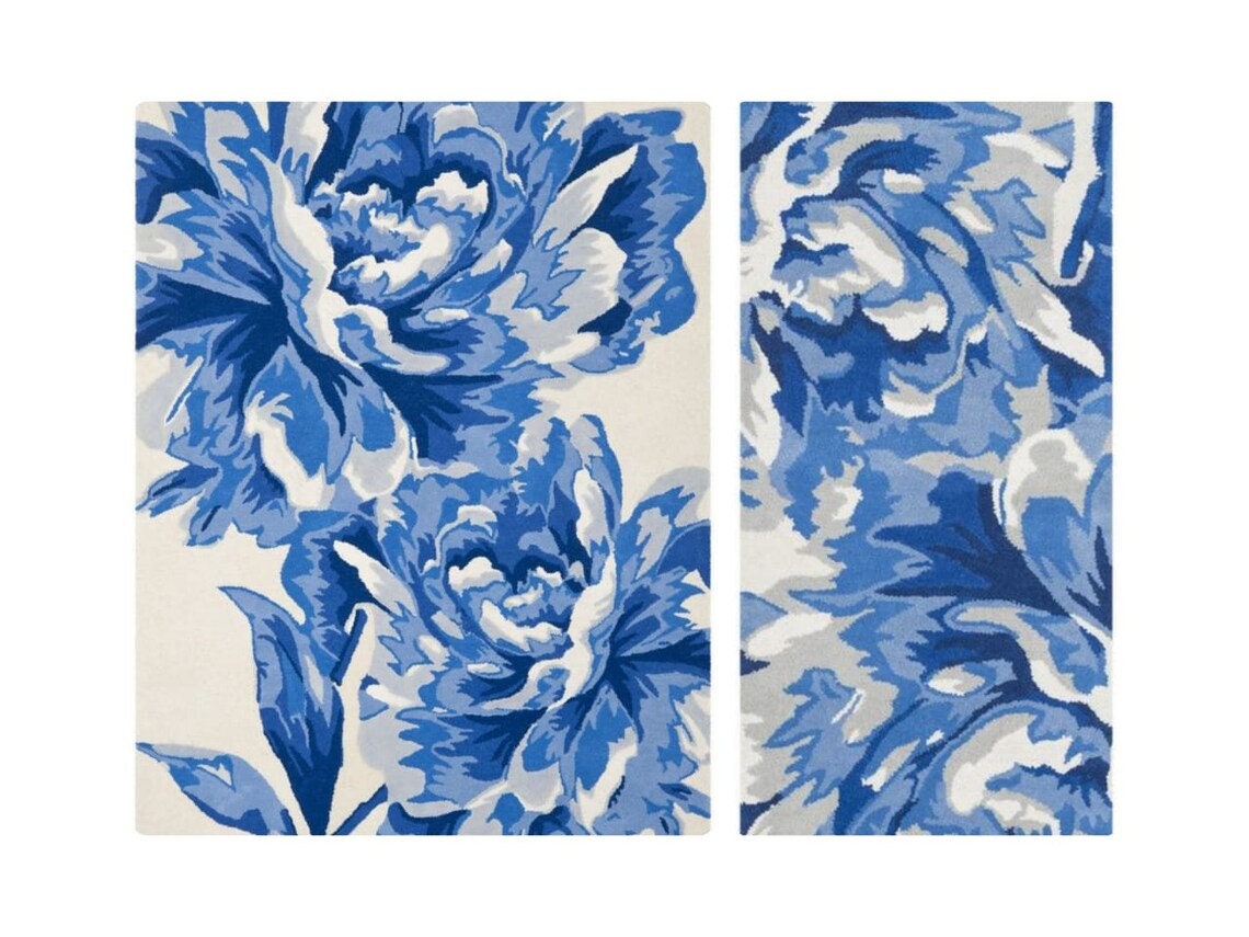 Blue Floral Rug Area Rugs 8x10 9x12 Cream Blue Rugs Flower Etsy
