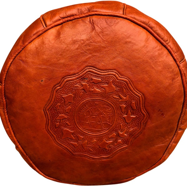 Brown leather pillow set, moroccan round cushion, Moroccan pouf