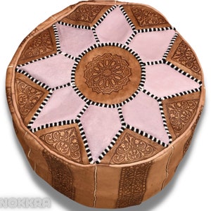 round ottoman , leather ottoman pouf ,brown moroccan leather pouf,