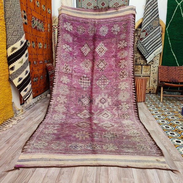 Alfombra vintage púrpura, alfombra de lana hecha a mano, alfombras Boujaad de los 90, 4x10 pies