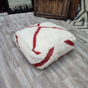 Beni Ouarine White and Red, floor pouf, moroccan square pouf, Unique Bohemian Floor Sofa