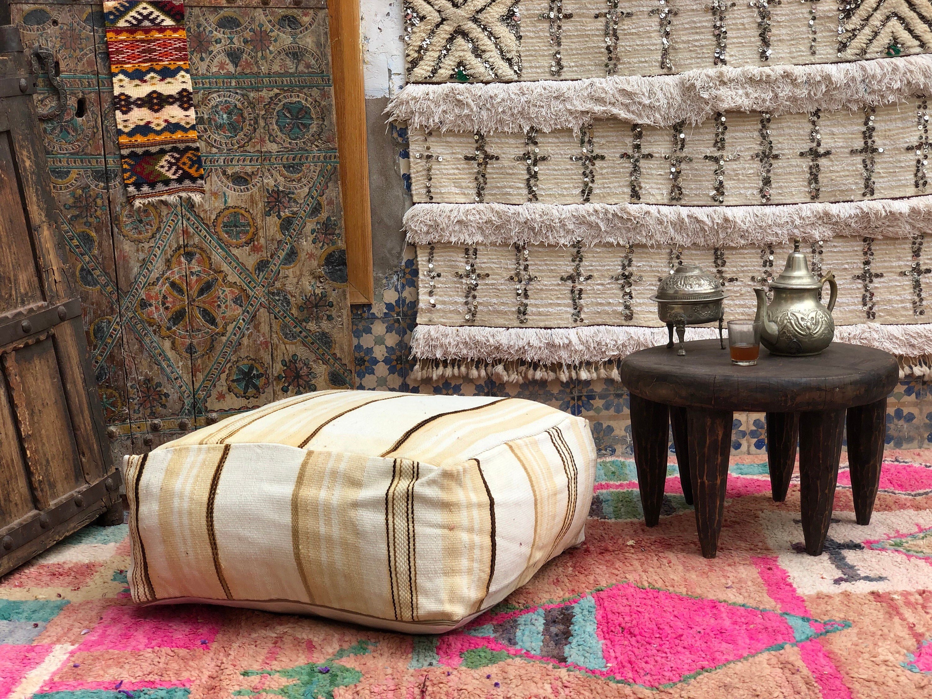 マルチカラー枕、モロッコプーフ、プーフオットマン、ストライプ