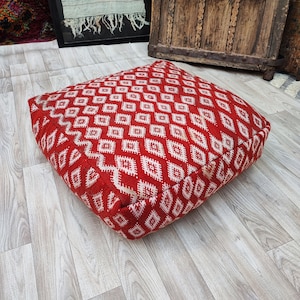 Red kilim pouf, moroccan vintage pouf, floor cushion, ottoman floor pillow, Red and White