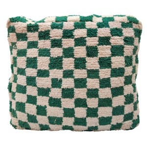 May include: A green and white checkered throw pillow with a soft, fuzzy texture.