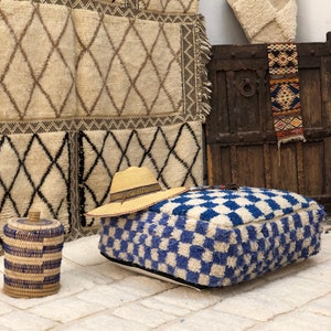 Moroccan pouf square, monogram footstool, handmade floor pillow cover, outdoor blue floor cushion