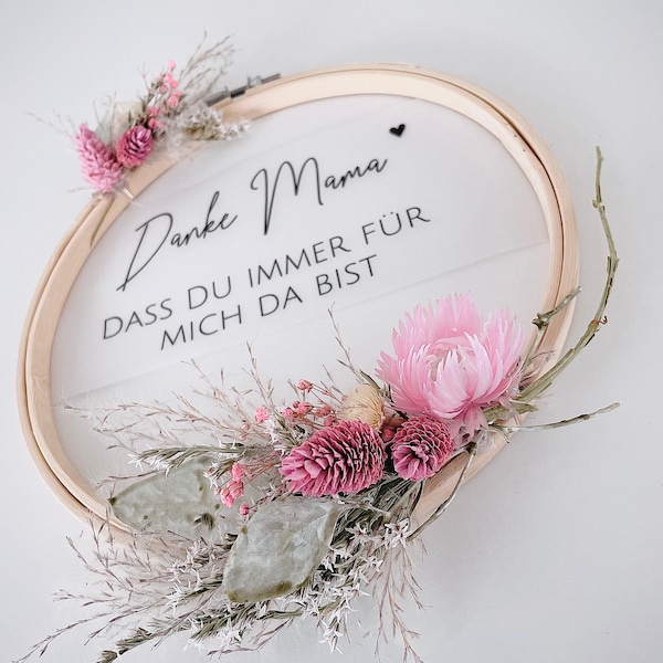 Muttertag Geschenk Kranz "Danke Mama" Türkranz Stickrahmen Trockenblumen personalisiert