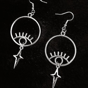 All seeing eye star celestial jewelry dangle drop earrings witchy esoteric geometric unique unisex gift handmade wire hook gothic geometric