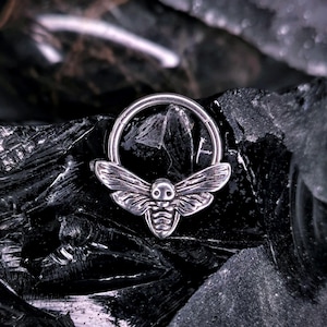 Moth Septum Ring: Surgical Steel Hinged Clicker, 16g Body Piercing, Statement body jewelry, Goth punk style, Unique gift idea