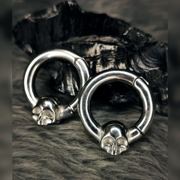 Paire de bijoux d'oreille en forme de tête de mort, lobes étirés, jauges magnétiques en acier inoxydable, extenseurs d'oreilles unisexes, cadeau unique, boucles d'oreilles punk alternatives