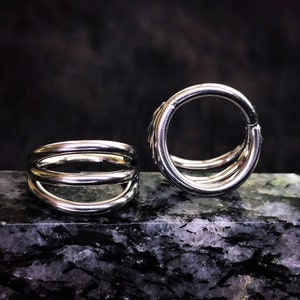 Piercing de septo articulado de 16g e 1,2 mm, aço cirúrgico, argola tripla, concha nasal empilhada, orelha, anel geométrico punk de cartilagem, prata e ouro