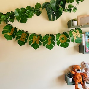 Personalised leaf jungle safari name hanging garland banner bunting nursery and bedroom decor