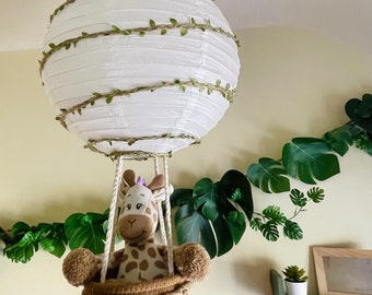 Handmade Jungle safari hot air balloon nursery decor lampshade (60cm / 42cm height) - giraffe toy not included.