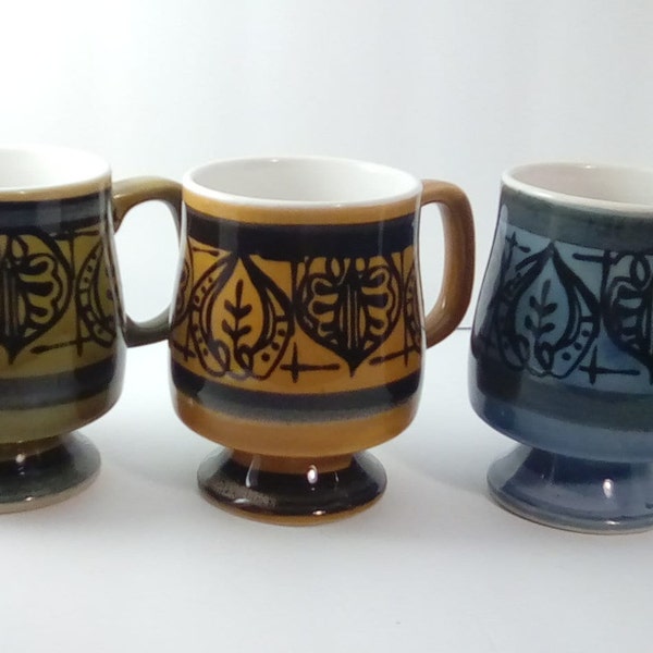 Vintage Bohemian Hand painted Set of 3 Footed Ceramic Mugs