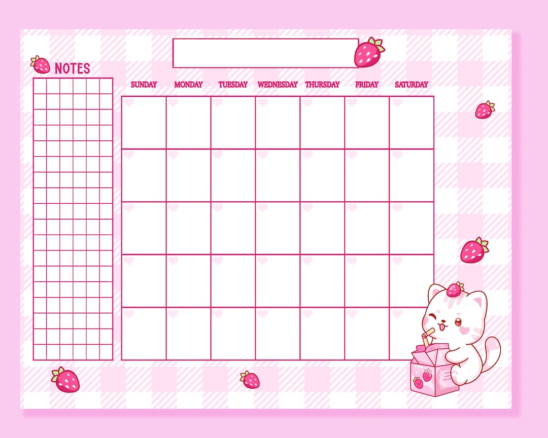 Pink Strawberry Printable Calendar Kawaii, Cute Star Printable Calendar
