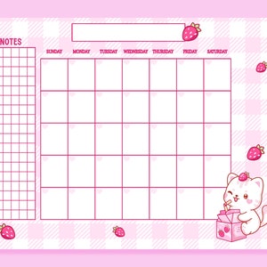 Pink Strawberry Printable Calendar Kawaii, Cute Star Printable Calendar,  Kawaii