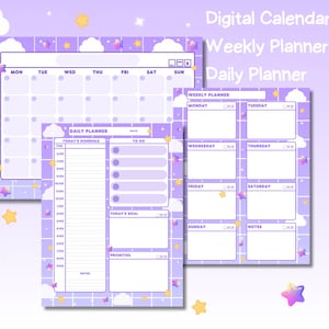 Lila digital kalender, vecko- och dagsplanerare (PDF och JPG)