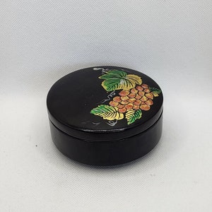 Round Hand Painted Wood and Lacquer Lidded Trinket Dish - Grapes and Leaves Design Red Painted Interior