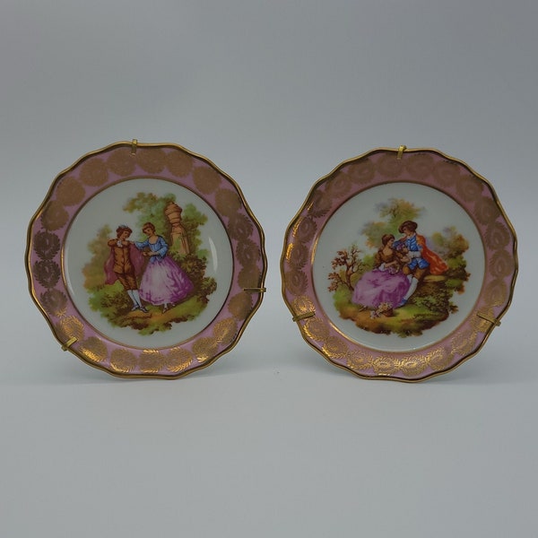 Vintage Limoges Pink and Gold Miniature Plates - Made in France - Limoges courting Couple Mini Plates with stand - Marked Limoges France