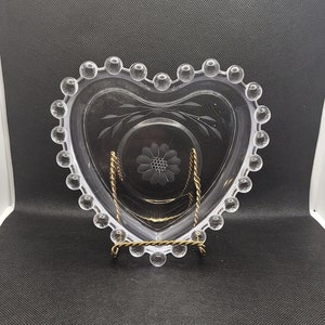 Candlewick Heart Shaped Dish Bowl with Cornflower Design Etched in Bottom Made by WJ Hughes