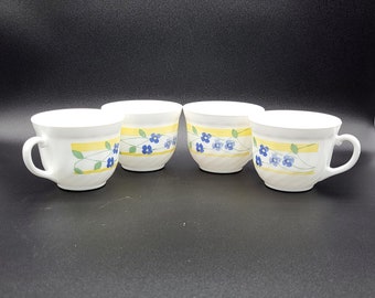 Canecas de vidro de leite vintage Arcopal French Pyrex - Conjunto floral de 4