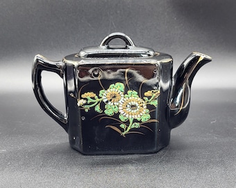 Black Teapot with Floral Design - Small Black Ceramic Teapot - Retro Teapot - Tea For Two - Small Teapot