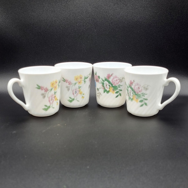Vintage Arcopal French Pyrex Milk Glass Mugs - Feston Hortense Cups - Set of 4 Milk glass mugs - Vintage pyrex Cups