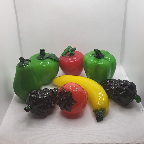 vintage Murano-style blown glass fruit small Grapes, Strawberry, Green Pepper, Pear, Red Apple, Banana