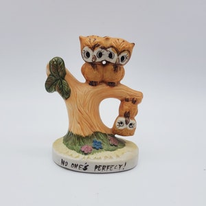 Vintage Ceramic Owls Figurine - Hand Painted 3 Owls in a Tree - No One&#39;s Perfect - Kitsch Whimsical 1970 Owl Collectable - Anthropomorphic