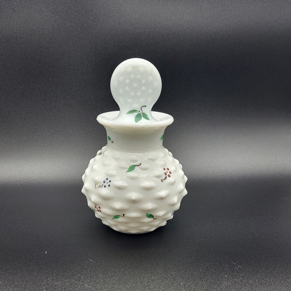 Vintage Hobnail Milk glass Vanity Bottle with Stopper and Hand Painted Leaf Accents