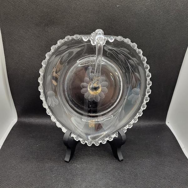 Candlewick Heart Shaped Candy Dish Bowl with Applied Handle and Etched Flowers and Leaves