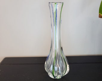 Archimede Seguso Murano MCM Vase Clear Glass with Blue and Green Stripes Polished bottom