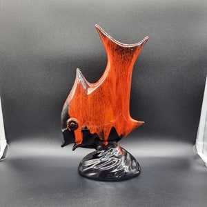 Vintage Evangeline Pottery Angel Fish: Orange & Black Drip Glaze Ceramic