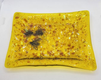 Yellow Fused Glass Tray: Honey Bee Design, Vintage Vanity Plate